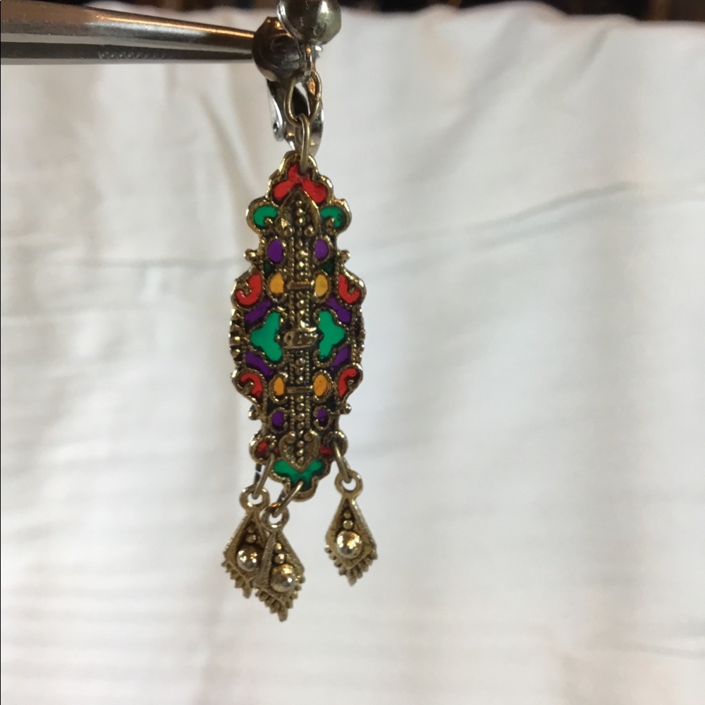 Vintage dangling earrings. gold and lacquer main body,three gold charms